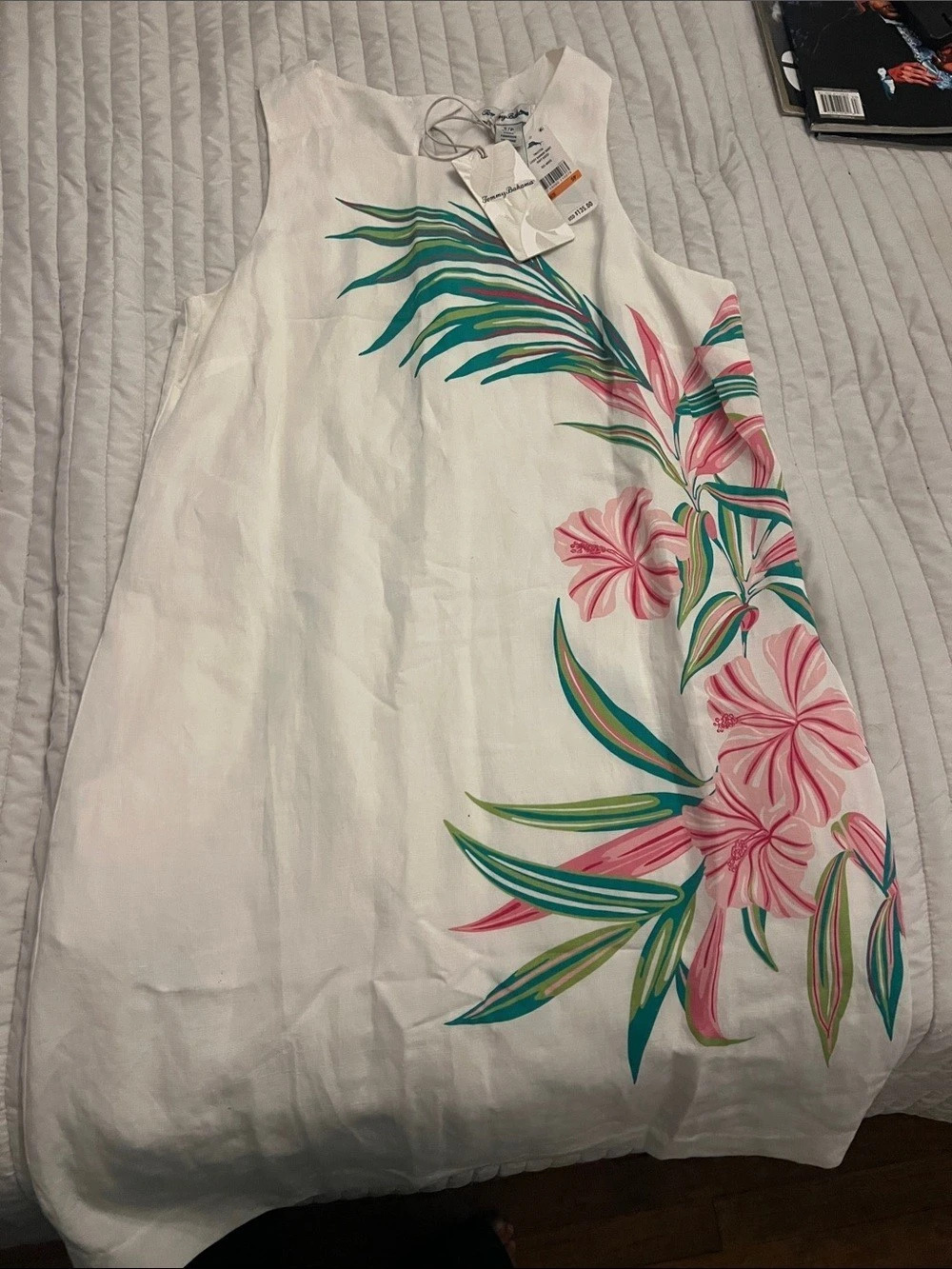 Tommy Bahama Lucky Bamboo Short Shift Dress Floral Linen Maxi Dress in White &